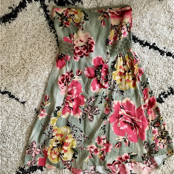 Legend Strapless Green Floral Babydoll Flare Mini Summer Dress XS/S - Picture 2 of 4
